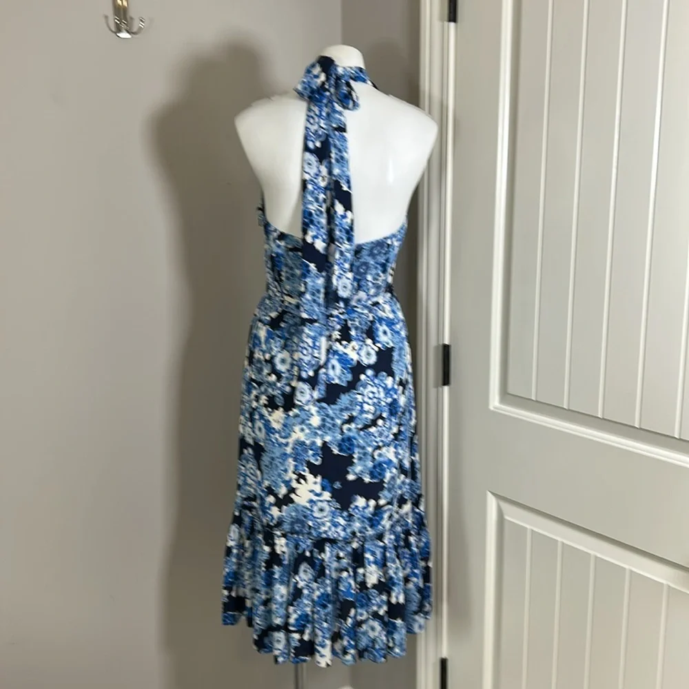 Tory Burch Silk Halter Neck Midi Dress Blue Floral Side Zip Pleated Sz 4 - Picture 8 of 16